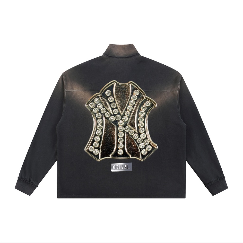 NEW YORK YANKEES LUXURY SUN FADE RAW  QUARTER ZIP BLACK JACKET RHINESTONES TEE